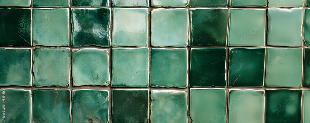 Retro ceramic green tiles on the wall.
