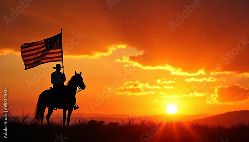 Lone cowboy holds an American flag against a vibrant sunset, embodying freedom and pride.






 photo