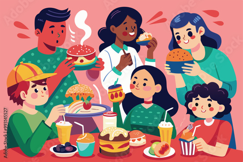 A group of friends shares diverse meals, laughing and enjoying their personalized dishes in a vibrant atmosphere, Eat different foods. Customize disproportionate illustrations.
