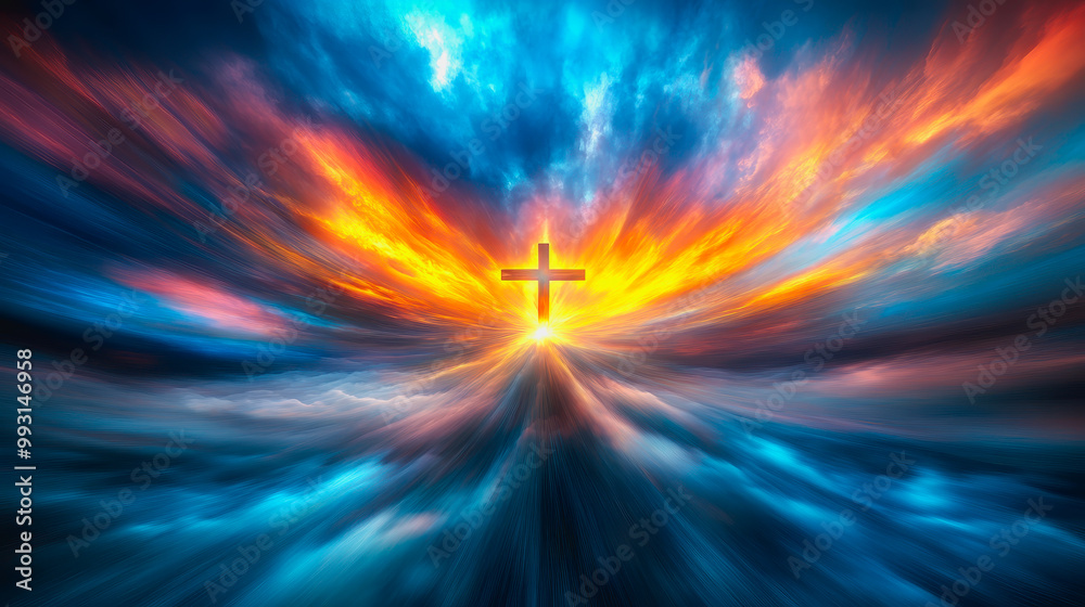 Cross glowing in radiant light breaking through dramatic clouds with heavenly atmosphere Cross glowing in radiant light breaking through dramatic clouds with heavenly atmosphere