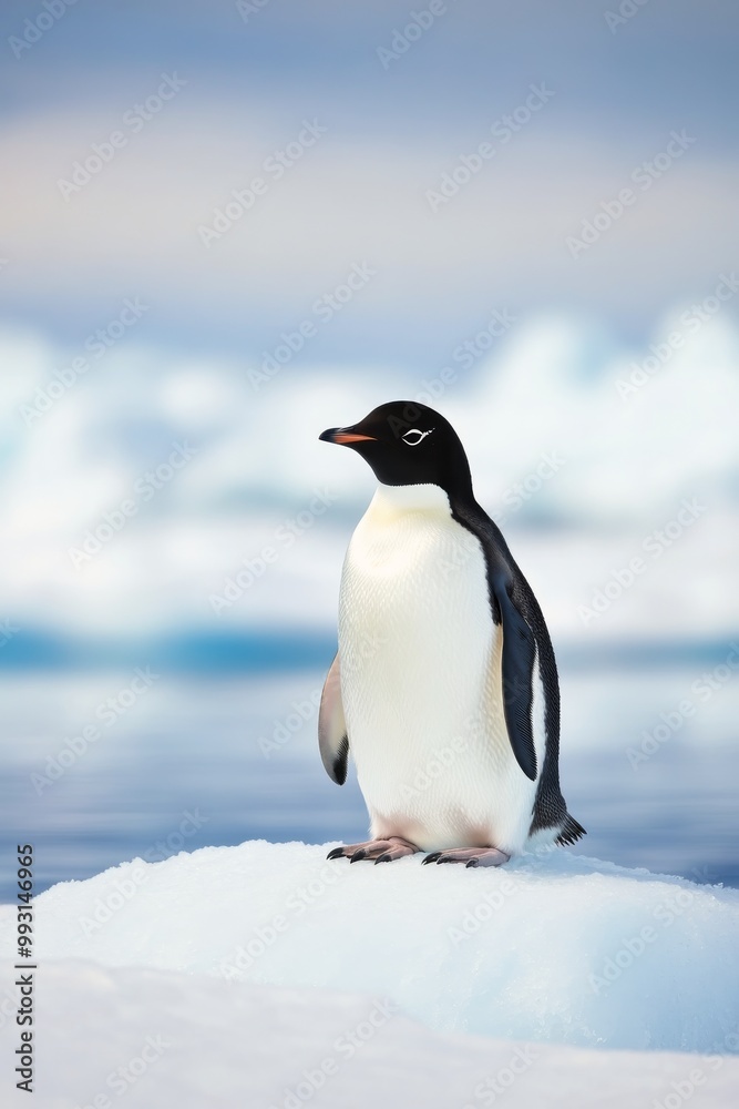 Fototapeta premium A young penguin stands proudly on a snowy landscape in Antarctica during the winter season