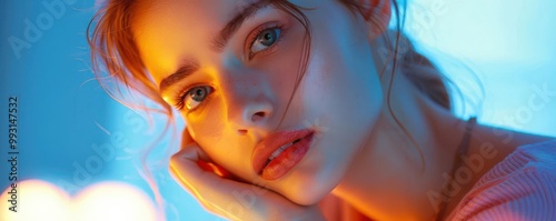 Young woman with sore neck, absurdly twisted pose, sitting at desk, fluorescent light, close-up, surreal sensation of discomfort photo