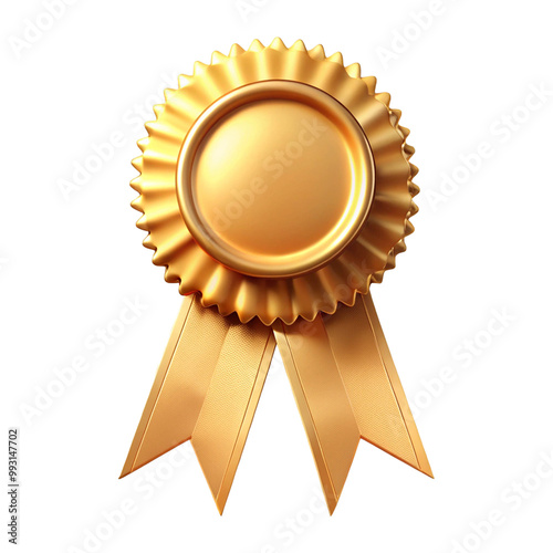 Golden award medal with red ribbons on symbolizing achievement