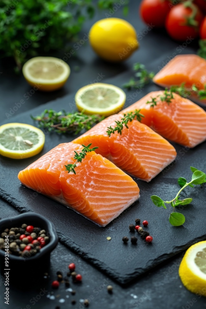 Fresh salmon fillets garnished with herbs, lemon slices, and cherry tomatoes on a dark surface