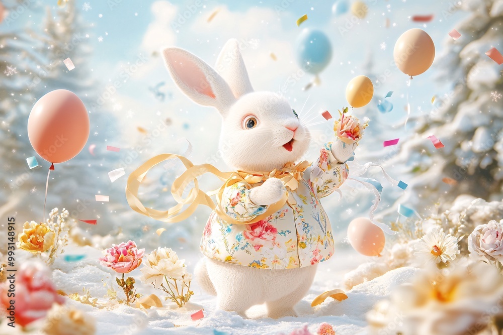 Luxury Floral Outfit for Easter Rabbit in Spring Scene Luxury Floral Outfit for Easter Rabbit in Spring Scene