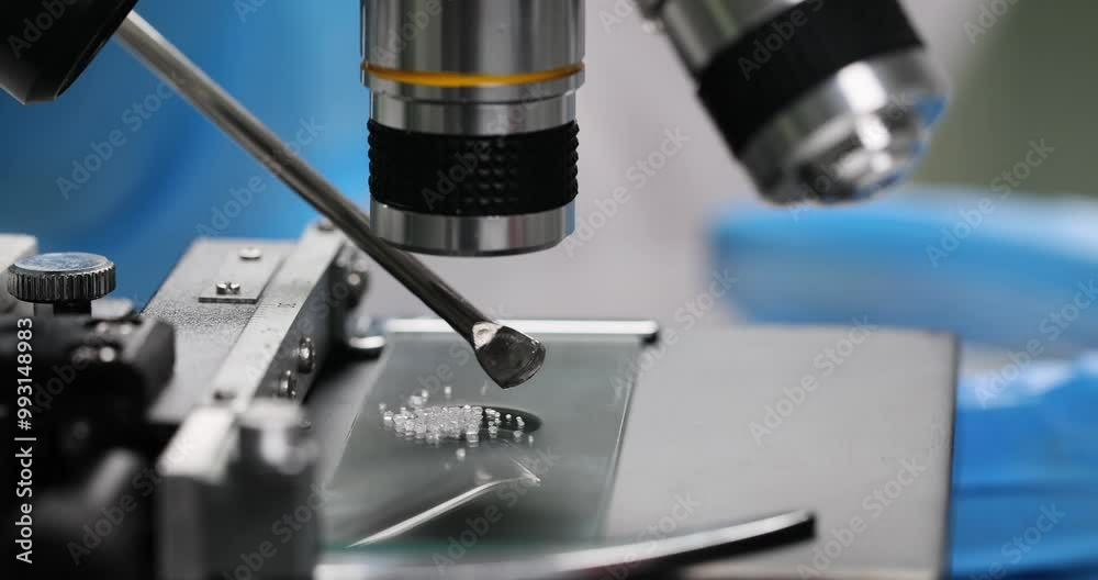 Specialist examines crystalline granules under microscope in laboratory. Scientist in rubber gloves does scientific research slow motion Specialist examines crystalline granules under microscope in laboratory. Scientist in rubber gloves does scientific research slow motion