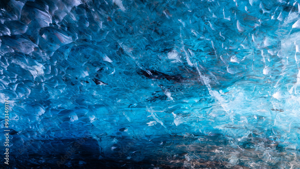 Iceland. Ice as a background. Vatnajokull National Park. Inside view of the ice cave. Winter landscapes in Iceland. Natural background. North country.