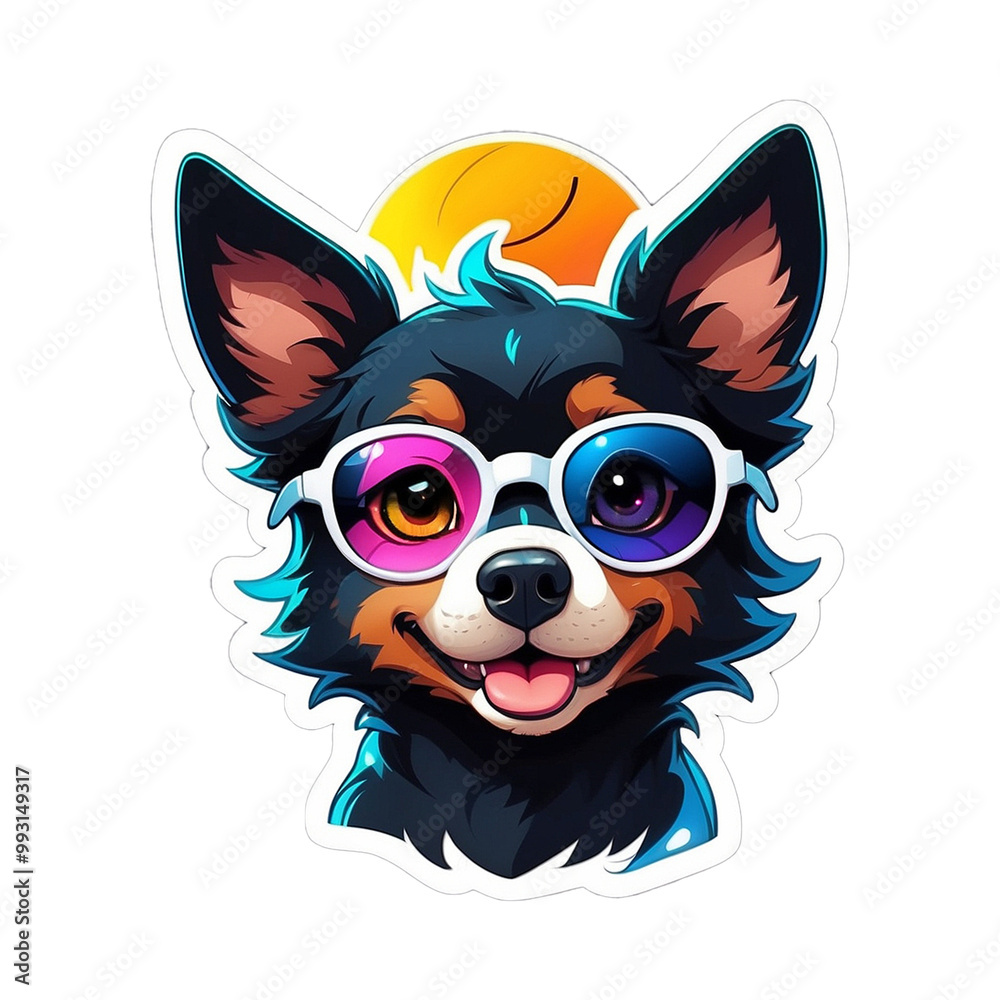 A wolf wearing sunglasses with a blue collar A wolf wearing sunglasses with a blue collar