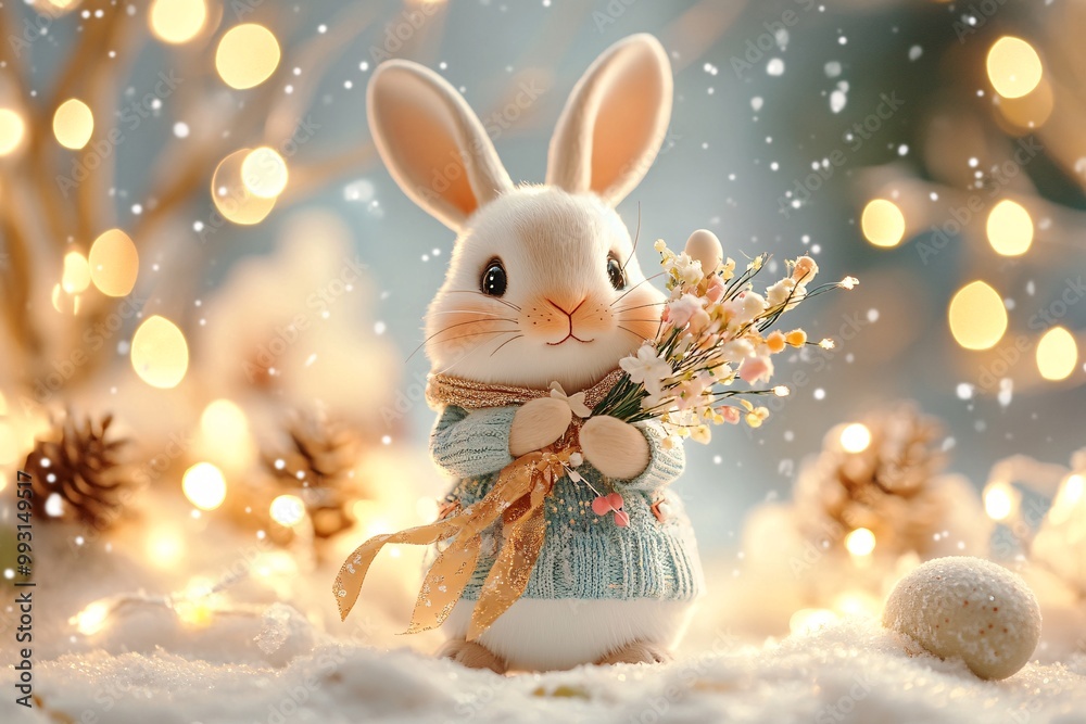 Charming Rabbit in Colorful Clothes with Flowers Charming Rabbit in Colorful Clothes with Flowers