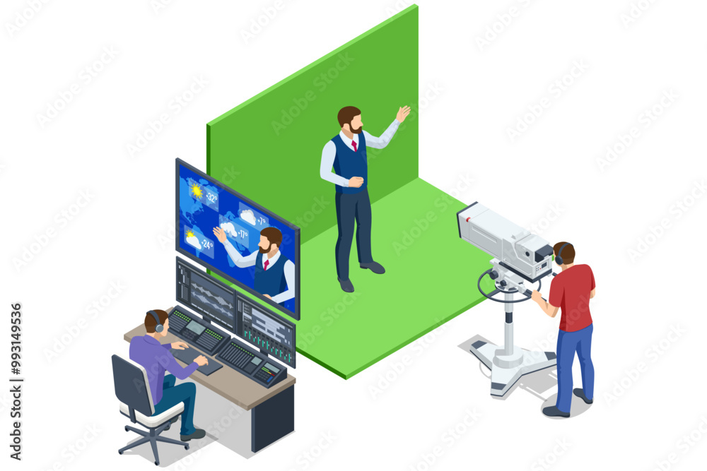 isometric Meteorologist. Young man shows the weather forecast on the screens. Weather Forecast and Atmospheric Precipitation isometric Meteorologist. Young man shows the weather forecast on the screens. Weather Forecast and Atmospheric Precipitation