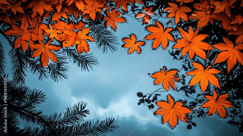 Orange tree leaves contrast against blue sky with cloud clusters Orange tree leaves contrast against blue sky with cloud clusters