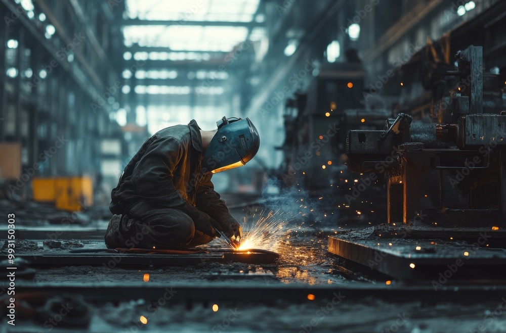 A factory worker in protective gear welding metal parts, with sparks flying around them. The scene is set inside an industrial building with various machinery and tools visible on the ground nearby. A factory worker in protective gear welding metal parts, with sparks flying around them. The scene is set inside an industrial building with various machinery and tools visible on the ground nearby.