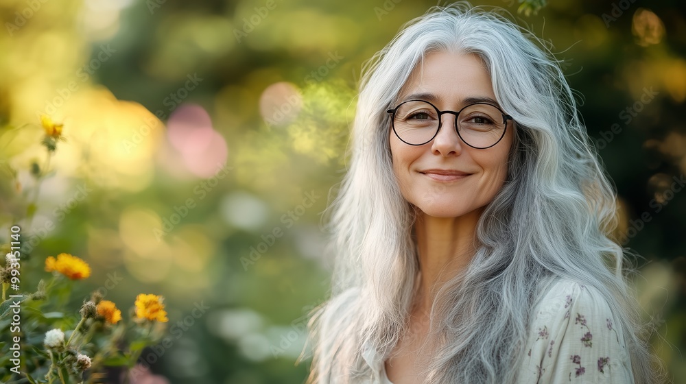 Obraz premium A smiling older woman with long gray hair stands among vibrant flowers in a sunlit garden during late afternoon