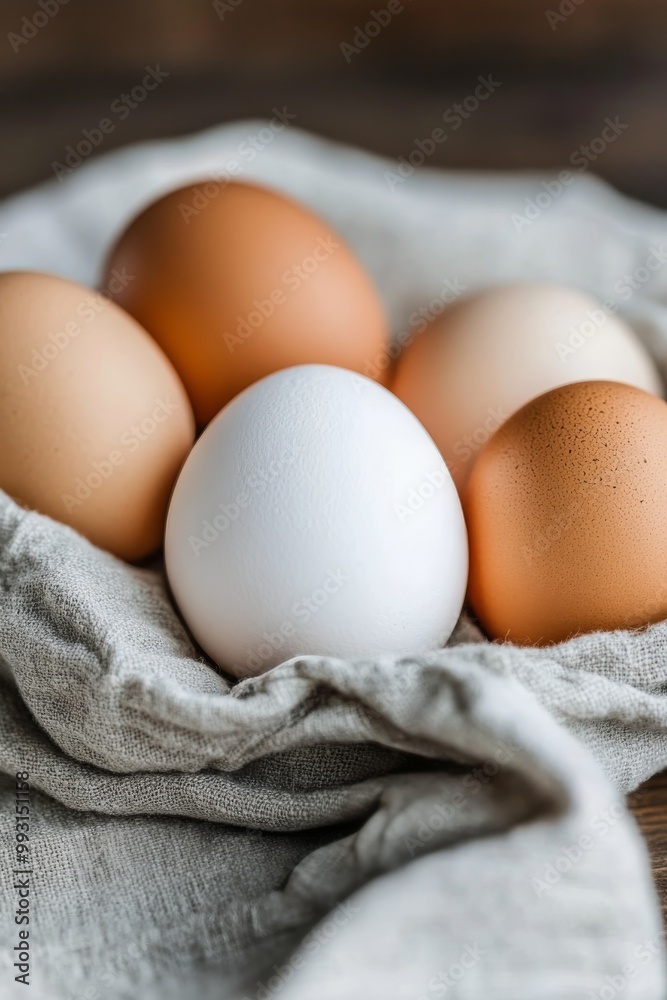 A collection of fresh farm eggs nestled in a soft cloth on a rustic wooden table A collection of fresh farm eggs nestled in a soft cloth on a rustic wooden table