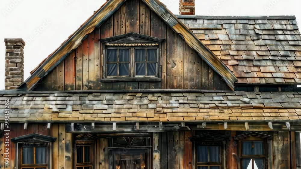 A weathered wooden house with a gabled roof and several windows A weathered wooden house with a gabled roof and several windows