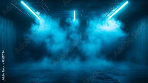 Dark Blue Concrete Abstract Background with Smoke and Neon Lights