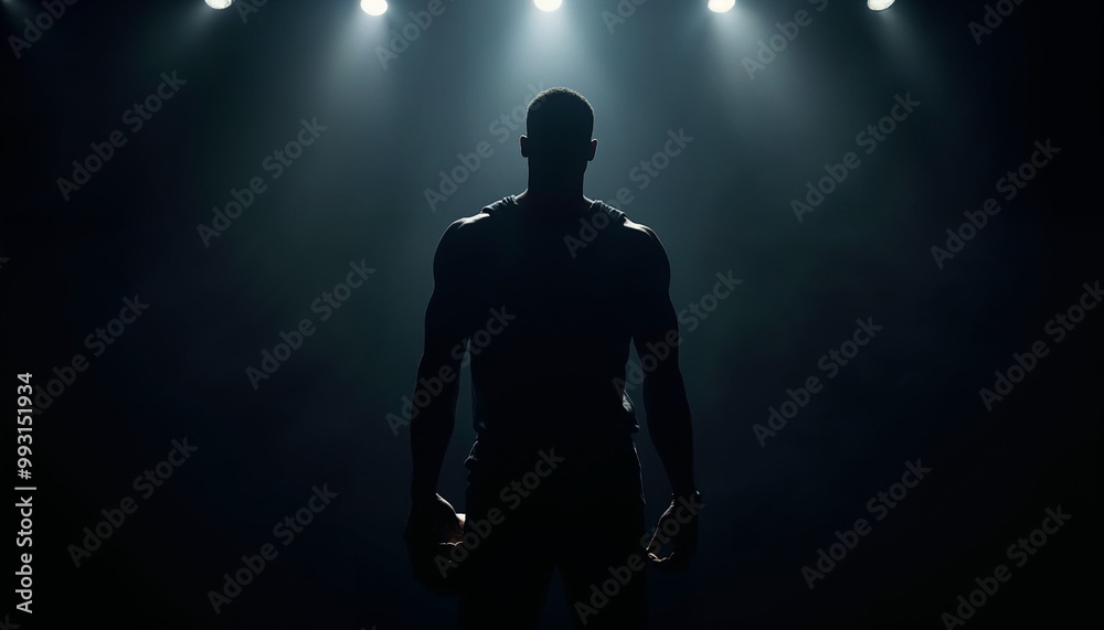 Powerful NBA star silhouette in spotlight, exuding strength and anticipation for an ad shot.
Powerful NBA star silhouette in spotlight, exuding strength and anticipation for an ad shot.