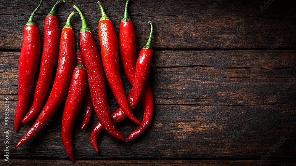 A collection of vibrant red chili peppers with water droplets arranged on a rustic wooden surface. A collection of vibrant red chili peppers with water droplets arranged on a rustic wooden surface.
