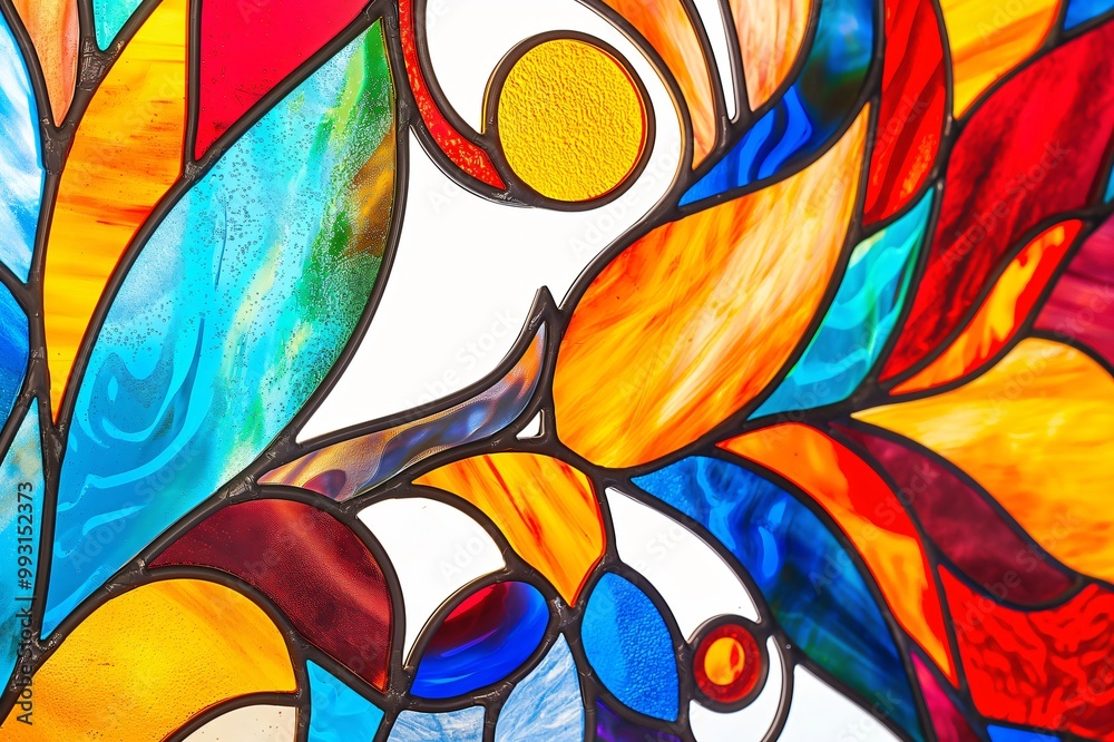 Fototapeta premium Close up of vibrant abstract stained glass window panel, with intricate colorful pattern and bright light play. Perfect for adding color to home decor
