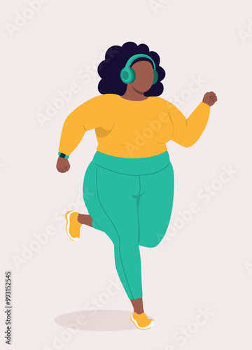 One Overweight Black Woman In Activewear Running While Listening Music With Headphones.