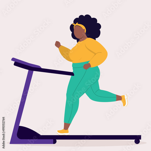 Side View Of One Overweight Black Woman In Sports Clothing Running On A Treadmill.