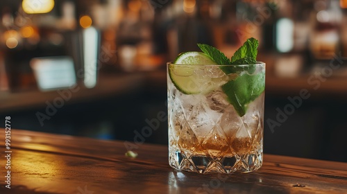 A refreshing cocktail garnished with lime and mint, served over ice in a stylish glass, set against a warm, blurred bar background.