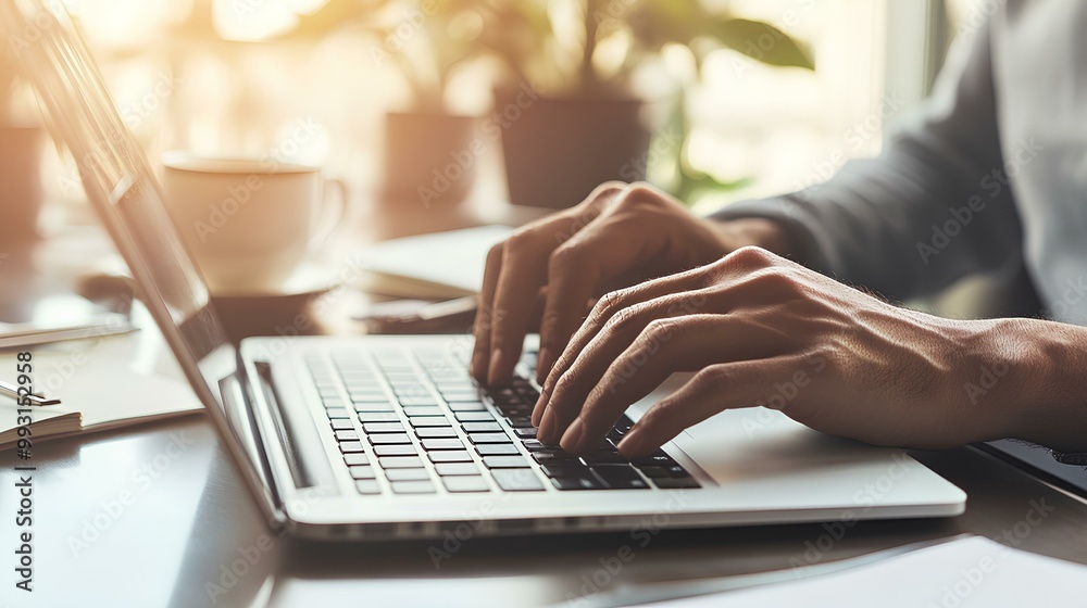A person typing on a laptop with a warm ambiance, surrounded by plants, reflecting a productive work or study environment. A person typing on a laptop with a warm ambiance, surrounded by plants, reflecting a productive work or study environment.