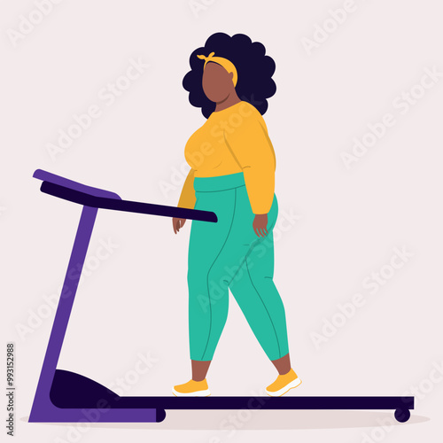 Side View Of One Overweight Black Woman In Sports Clothing Walking On A Treadmill.