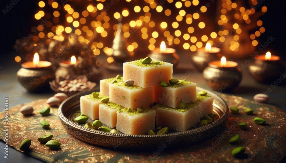 Delicate sohan papdi squares, stacked neatly and dusted with crushed pistachios, set against a shimmering backdrop of vibrant Diwali lights Delicate sohan papdi squares, stacked neatly and dusted with crushed pistachios, set against a shimmering backdrop of vibrant Diwali lights