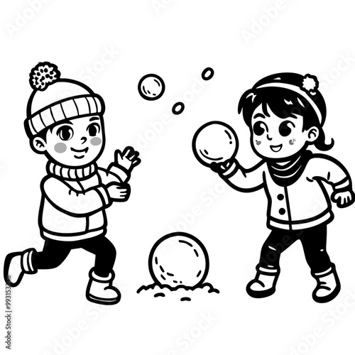Two children joyfully playing in a snowball fight during winter, fun and excitement in a snowy background