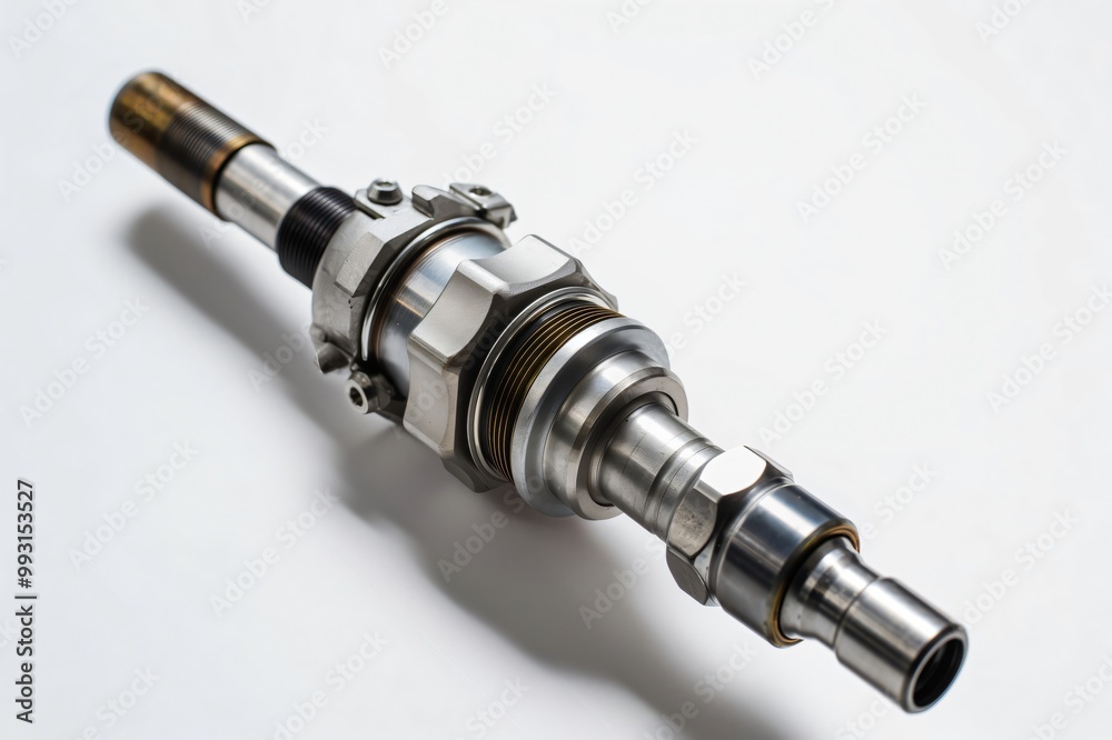 Close up of a new fuel injector, showing the intricate details of its construction and its metallic finish Close up of a new fuel injector, showing the intricate details of its construction and its metallic finish
