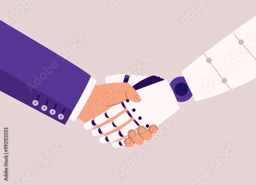 Close Up Of Businessman’s Hand And AI Robot’s Hand Shaking Hands Together.