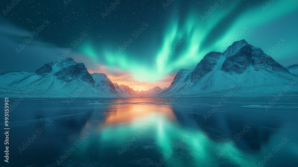 Naklejka premium Aurora reflected in water. Northern lights in Lofoten islands, Norway. Blue sky with polar lights. Night landscape with aurora, sea with sky reflection, beach, mountains. Polar lights. Aurora borealis