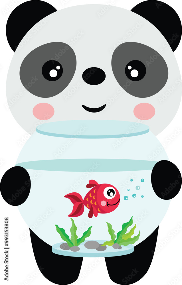 Fototapeta premium Funny panda holding a red fish in globe aquarium