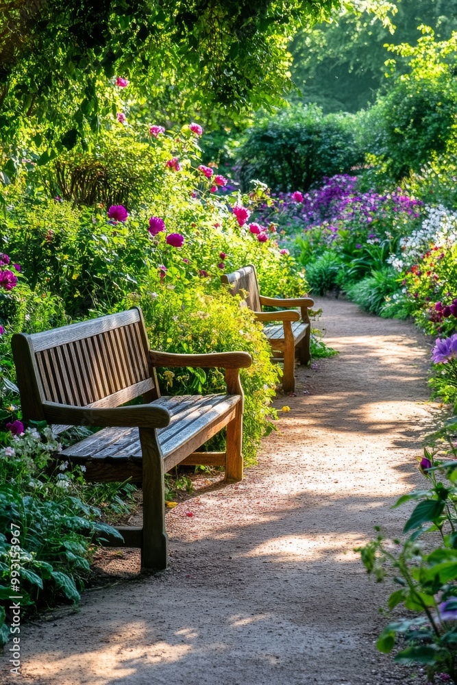 Fototapeta premium Tranquil garden path lined with benches and blooming flowers on a sunny day