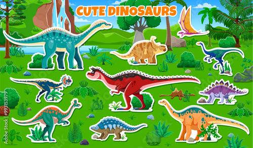 Prehistoric dinosaur characters stickers pack. Vector patches with cute dino species like sauropods, theropods and pterosaur at lush jungle forest landscape with vegetation, trees, rocks and waterfall