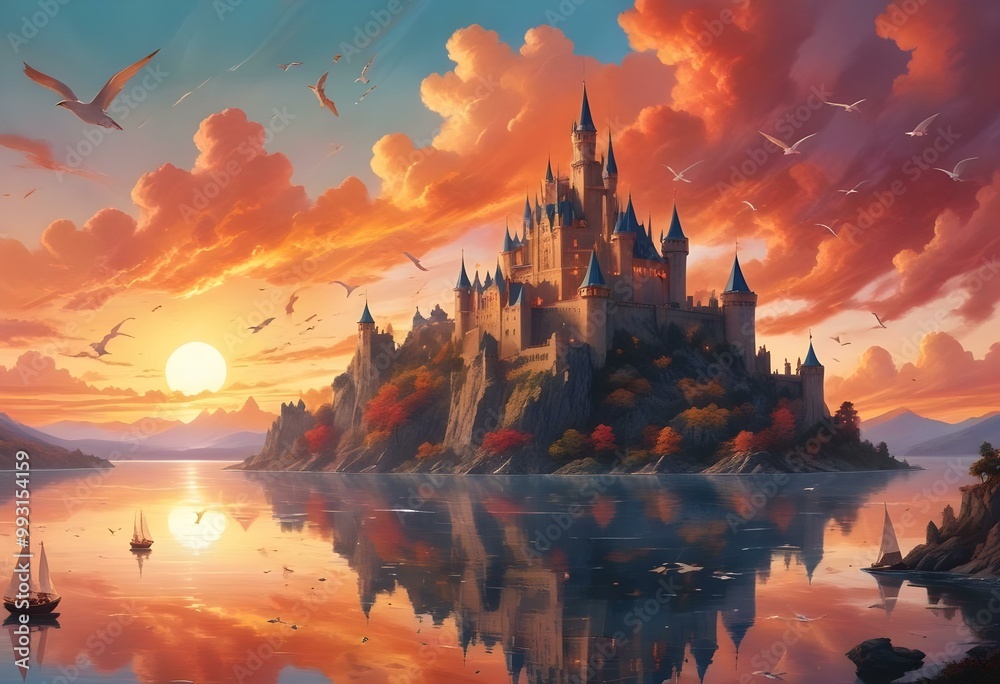 Obraz premium A fantasy landscape with a castle on a cliff, sailboats on a lake, and a dramatic sunset sky with birds flying