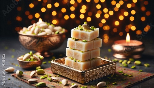 Delicate sohan papdi squares, stacked neatly and dusted with crushed pistachios, set against a shimmering backdrop of vibrant Diwali lights photo