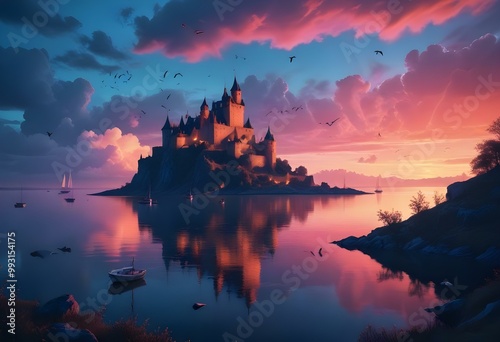 A fantasy landscape with a castle on a cliff, sailboats on a lake, and a dramatic sunset sky with birds flying