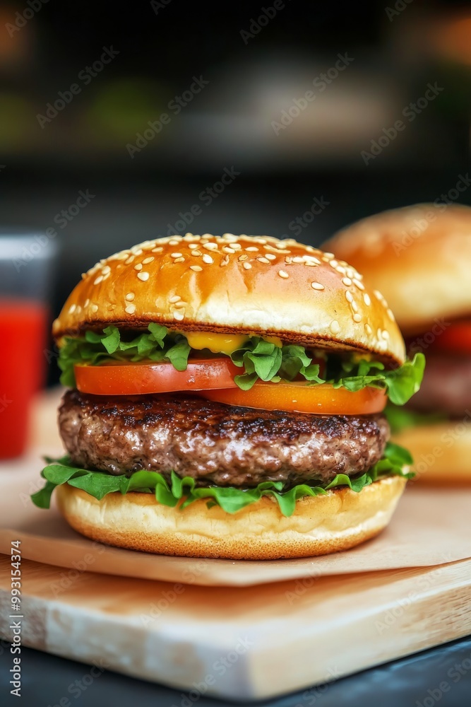 Freshly made hamburger with cheese, lettuce, and tomatoes on a wooden surface in natural light Freshly made hamburger with cheese, lettuce, and tomatoes on a wooden surface in natural light