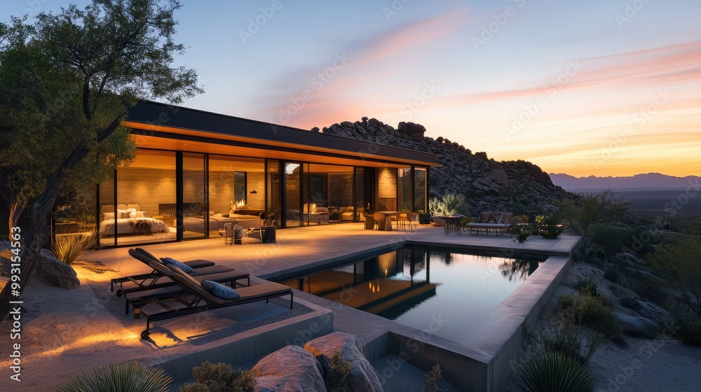 Fototapeta premium Secluded desert retreat with a contemporary design and stunning views of distant mountains