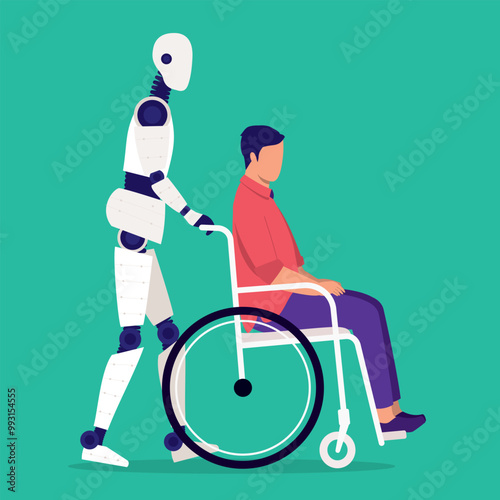 Side View Of AI Caregiver Robot Pushing A Disabled Man In Wheelchair.