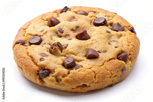 One chocolate chip cookie isolated on white background symmetrical, crumbs, butter, treat, freshly baked, homemade, baked goods, tasty, cookie, bakery, delicious, chocolate