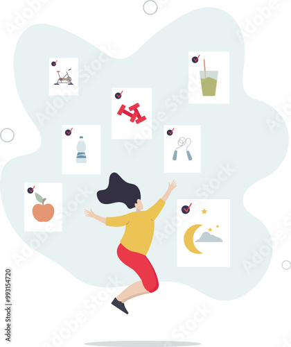 Weight loss tips with healthy habit change suggestions.Control body weight and obesity with sport activities,flat design with people.