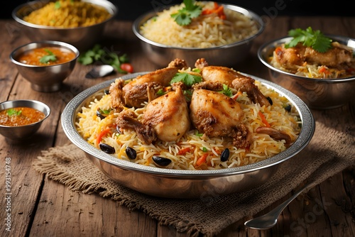 Delicious spicy chicken biryani in bowl on wooden table 