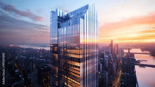 A stunning skyscraper with a glass facade stands against a vibrant sunset, showcasing urban architecture and city skyline beauty.