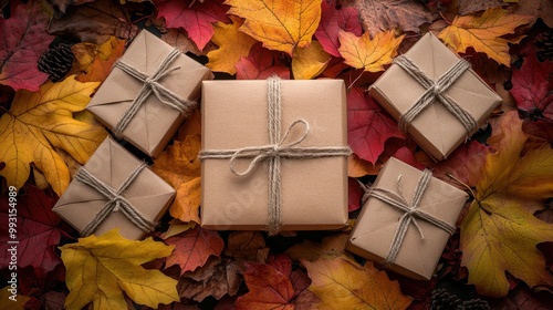 Fototapeta Naklejka Na Ścianę i Meble -  Beautifully wrapped gifts on colorful autumn leaves, creating a cozy and festive atmosphere for fall celebrations.