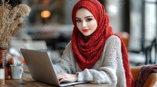 A young woman in a stylish red hijab works on her laptop in a cozy cafe, radiating focus and creativity.