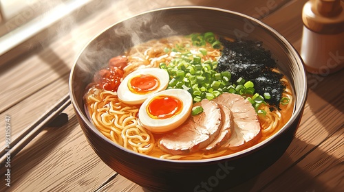 A steaming bowl of ramen with soft-boiled eggs, sliced pork, green onions, and nori, served in a rustic setting.