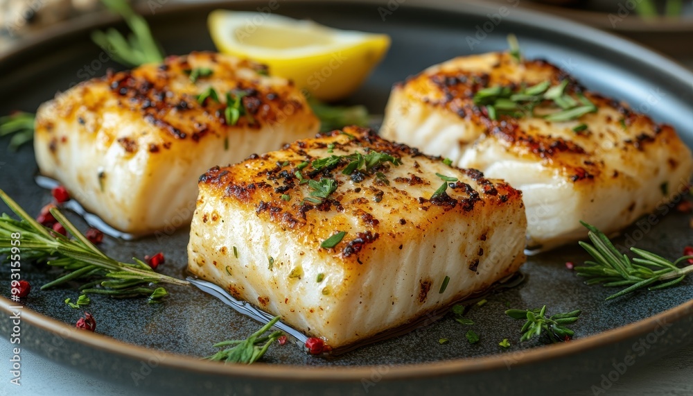 Deliciously grilled fish fillets garnished with fresh herbs and lemon, perfect for a healthy meal or gourmet dining occasion. Deliciously grilled fish fillets garnished with fresh herbs and lemon, perfect for a healthy meal or gourmet dining occasion.